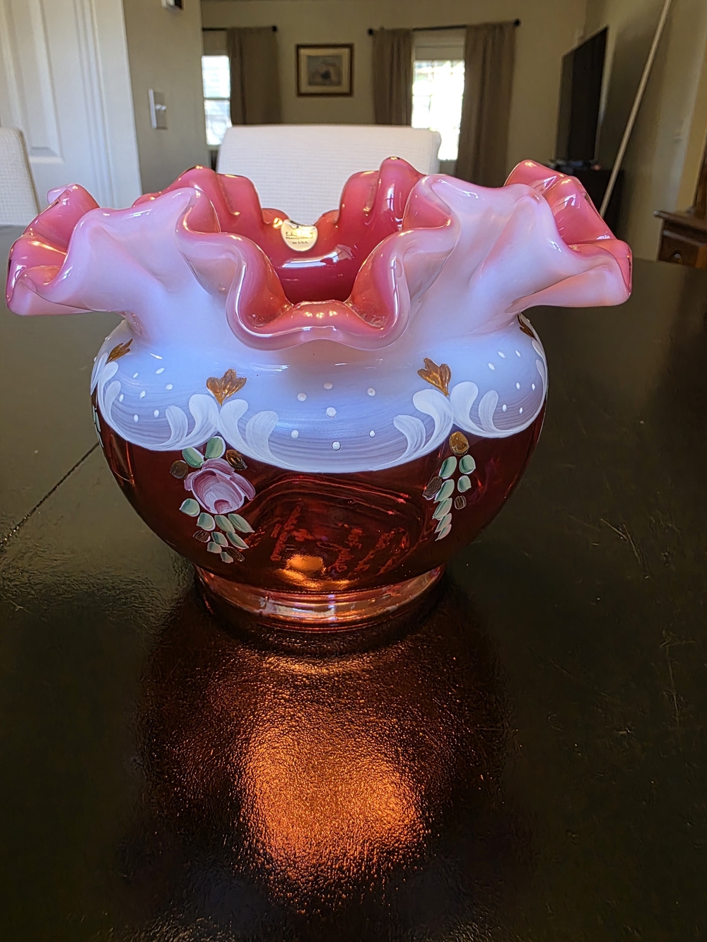Fenton Ruffled Cranberry Rose bowl hand painted in 2002 by Shelley Fenton VTG